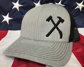 3D Axe and halligan embroidered hat, Richardson snapback hat, fireifghter hat, fireman hat