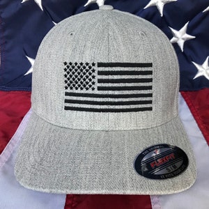 Any colors, Free personalization, black American flag heather grey hat, fire cap, flag baseball cap, fitted cap, heather grey flex fit hat