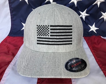 Any colors, Free personalization, black American flag heather grey hat, fire cap, flag baseball cap, fitted cap, heather grey flex fit hat