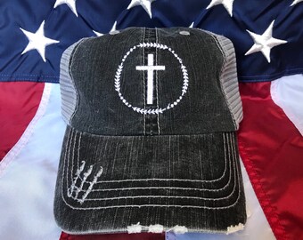 Cross border embroidered hat, Christian cross baseball hat, Christian girl distressed cap