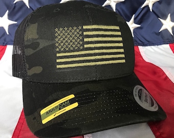 Black multicam olive drab American flag hat, flag baseball cap, snapback hat, fitted cap, flex fit hat, american flag