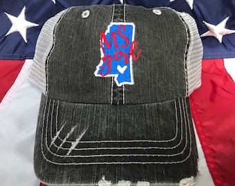 Any colors, MS girl distressed trucker hat, Mississippi outline, state of MS, Mississippi girl women's hat