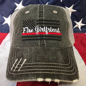 Ladies Thin red line Fire fighter girlfriend American flag, Fire girlfriend distressed trucker hat, fire cap, Firefighter's wife embroidered