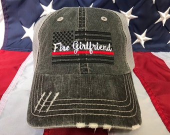 Ladies Thin red line Fire fighter girlfriend American flag, Fire girlfriend distressed trucker hat, fire cap, Firefighter's wife embroidered