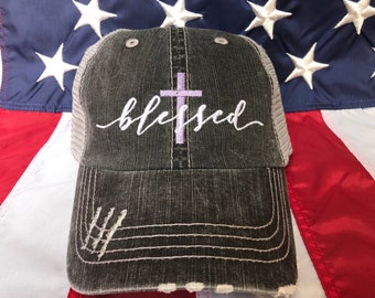 Blessed Cross embroidered hat, Christian cross baseball hat, Christian girl distressed cap, blessed hat