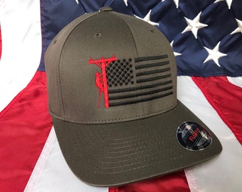 Any colors, Lineman flag embroidered hat, lineman baseball cap, lineman, custom baseball cap, dark grey lineman hat