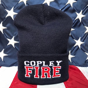 Custom deparment fire beanie, firefighter skull cap, navy or black, cuff or no cuff beanie, fire department beanie hat