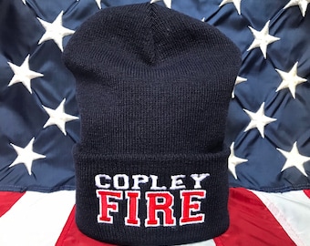 Custom deparment fire beanie, firefighter skull cap, navy or black, cuff or no cuff beanie, fire department beanie hat
