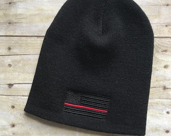Thin red line blacked out flag beanie, firefighter skull cap, black beanie, cuff or no cuff beanie, fire station flag beanie hat