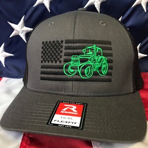 Any colors, tractor flag embroidered hat, trucker baseball cap, farmer, custom baseball cap, dark grey tractor hat