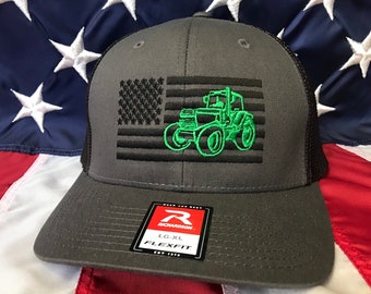 Any colors, tractor flag embroidered hat, trucker baseball cap, farmer, custom baseball cap, dark grey tractor hat