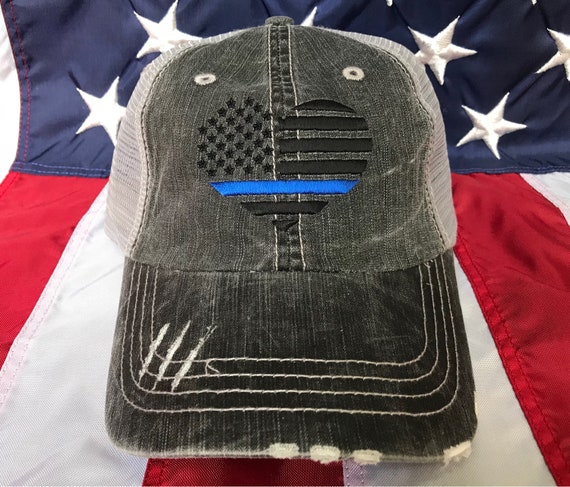 Thin blue line American flag heart, Police Wife distressed trucker hat, police cap, Policeman's wife embroidered blue line trucker