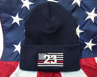 Thin red line number flag beanie, firefighter skull cap, navy or black, cuff or no cuff beanie, fire station flag beanie hat