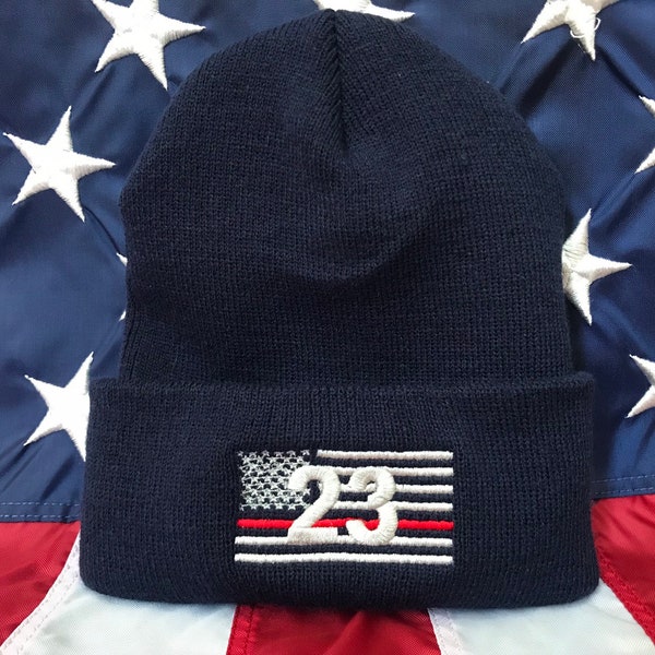 Thin red line number flag beanie, firefighter skull cap, navy or black, cuff or no cuff beanie, fire station flag beanie hat