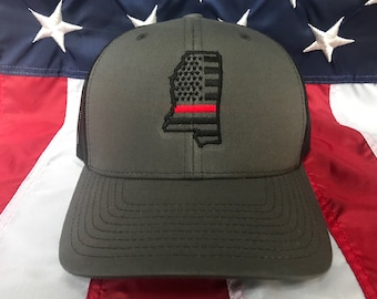 Thin red line american flag state of MS fire fighter embroidered cap, firefighter hat, Mississippi fire fighter, thin blue line state of Ms