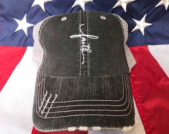 Faith cross embroidered hat, Christian cross baseball hat, Christian girl distressed cap