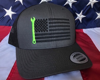 Any colors, mechanic flag embroidered hat, mechanic baseball cap, wrench, custom baseball cap, dark grey mechanic hat