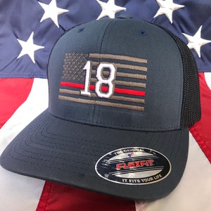 Free personalization Thin red line Fire fighter 3D block numbers charcoal grey American flag hat, fire cap, custom fire fighter department