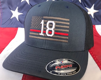 Free personalization Thin red line Fire fighter 3D block numbers charcoal grey American flag hat, fire cap, custom fire fighter department