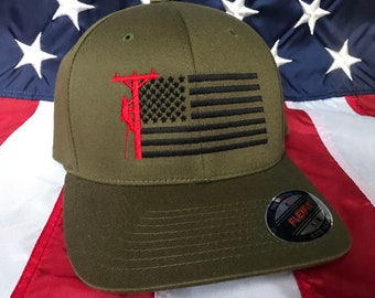 Any colors, Lineman flag embroidered olive green hat, lineman baseball cap, lineman, custom baseball cap,  lineman hat