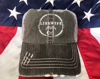 Any colors, LineWife frayed patch embroidered hat, lineman wife distressed baseball cap, lineman, custom baseball patch cap