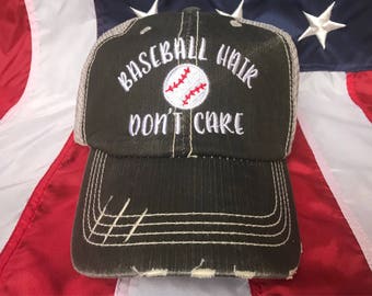 Baseball hair don't care hat, distressed baseball trucker cap, baseball mom hat, baseball mama