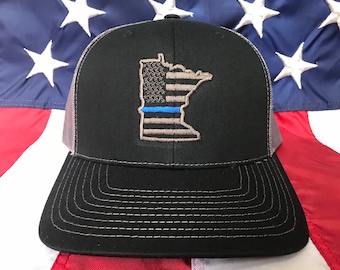 Thin blie line American flag state of MN police officer embroidered cap, firefighter hat, Minnesota fire fighter, thin blue line state MN
