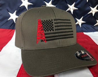 Any colors, oilfield flag embroidered hat, oil rig baseball cap, oil custom baseball cap, dark grey oilfield hat, roughneck hat