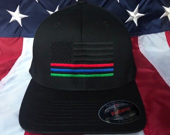 Free personalization, Thin red, blue, green line hat Fire fighter station blacked out American flag hat, fire cap, custom fire fighter gift