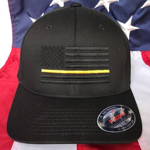 Free personalization, Men's Thin gold line communications officee  blacked out American flag hat, 911 dispatcher cap, police hat