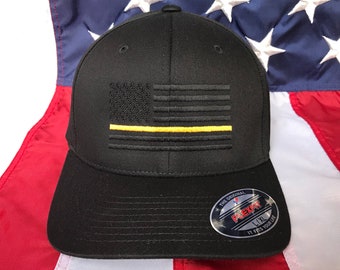 Free personalization, Men's Thin gold line communications officee  blacked out American flag hat, 911 dispatcher cap, police hat