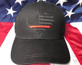 Pony tail hat blacked out thin red line heart flag, firefighter wife Pony tail hats, custom pony tail hats, high pony tail, bun hat