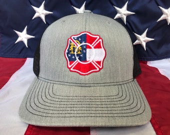 Maltese cross state of GA flag hat, heather grey hat, Richardson snapback hat, maltese cross, GA firefighter, georgia hat