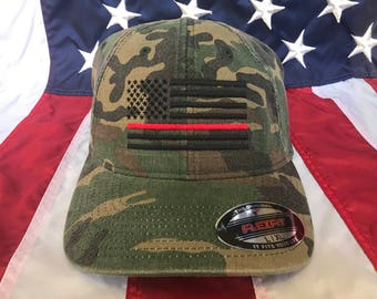 Mens, Free personalization, Thin red line Fire fighter station American flag camo hat, fire cap, custom fire fighter gift embroidered hat