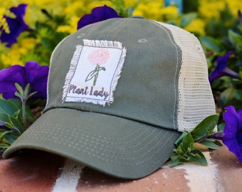 Plant lady patch hat, olive green hat, plant lady embroidered hat, gardening hat