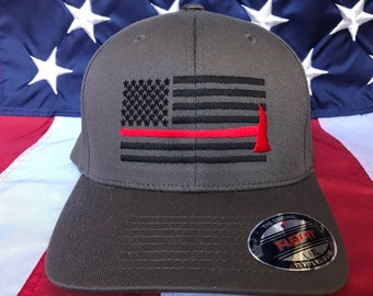 Free personalization Thin red line axe Fire fighter  American flag dark grey hat, fire cap, custom fire fighter gift embroidered hat, fire