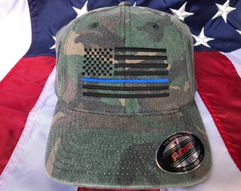 Mens, Free personalization, Thin blue line Police Officer American flag camo hat, police cap, custom policeman gift embroidered hat