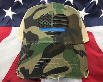 Ladies Thin blue line American flag heart, Police Wife distressed camo trucker hat police cap, Policeman's wife embroidered blue line camo