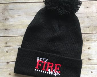 Custon Fire Wife beanie, fire cap, Firefighter embroidered red line skull cap beanie with pom pom