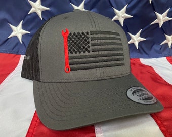 Any colors, mechanic flag embroidered hat, mechanic baseball cap, red wrench, custom baseball cap, dark grey mechanic hat