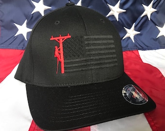 Any colors, Lineman blacked out flag embroidered hat, lineman baseball cap, lineman, custom baseball cap