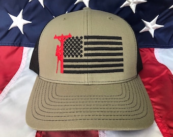 Loden green hat, Lineman American flag embroidered hat, red lineman flag hat, lineman baseball cap