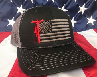 Any colors Lineman American flag embroidered hat, red lineman flag hat, lineman baseball cap