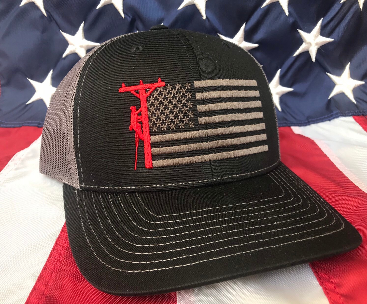 Any colors Lineman American flag embroidered hat, red lineman flag hat
