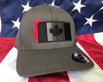 Any colors, Lineman Canadian flag embroidered hat, lineman baseball cap, lineman, custom baseball cap, dark grey lineman hat
