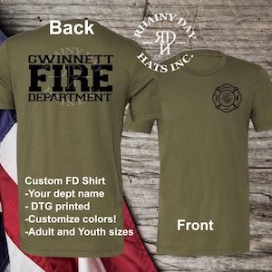 Military green, Custom Fire Department printed shirt, Youth Fire, firefighter shirt, fire station shirt, adult, Kids, off duty firefighter