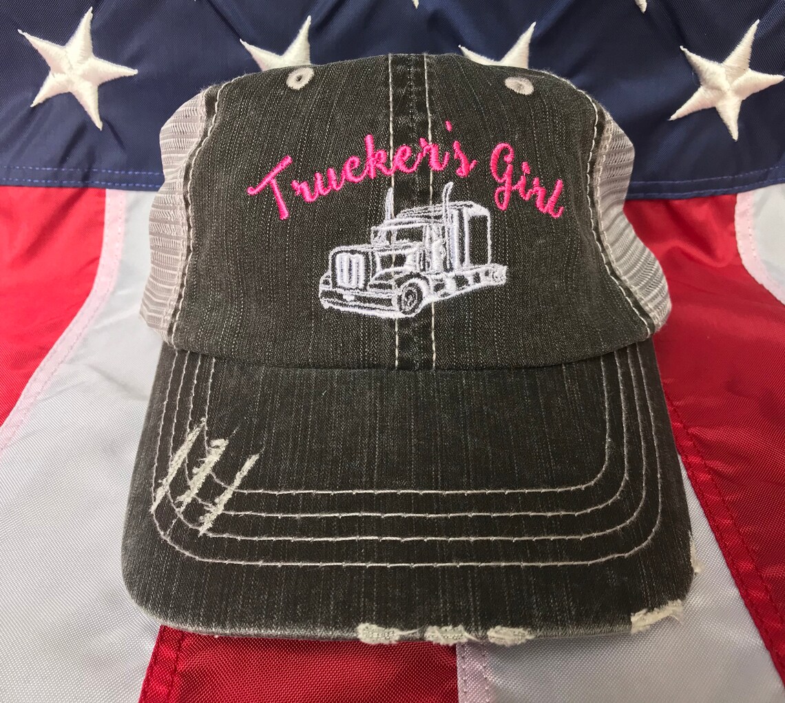 Trucker's Girl Distressed Embroidered Hat, Trucker Wife, Trucker ...