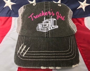 Trucker's Girl distressed embroidered hat, trucker wife, trucker girlfriend, baseball cap