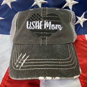 USAF Mom flag heart, air force mom distressed trucker hat, military mom embroidered trucker