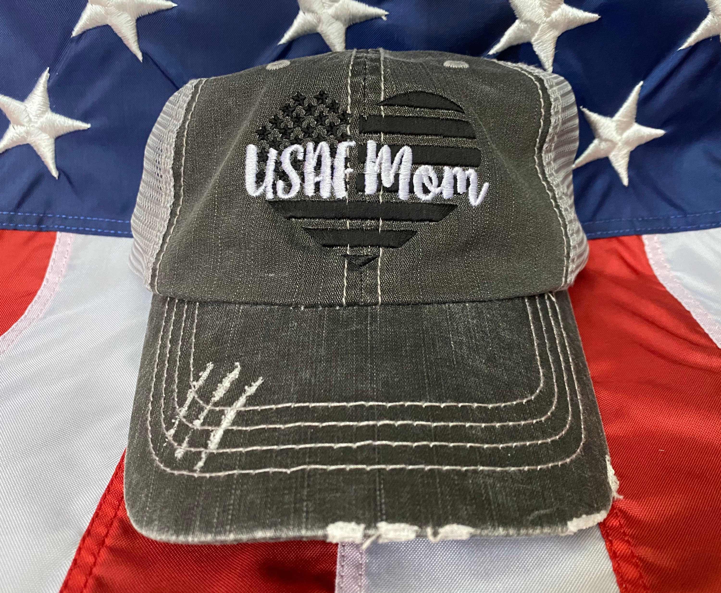 USAF Mom flag heart, air force mom distressed trucker hat, military mom embroidered trucker